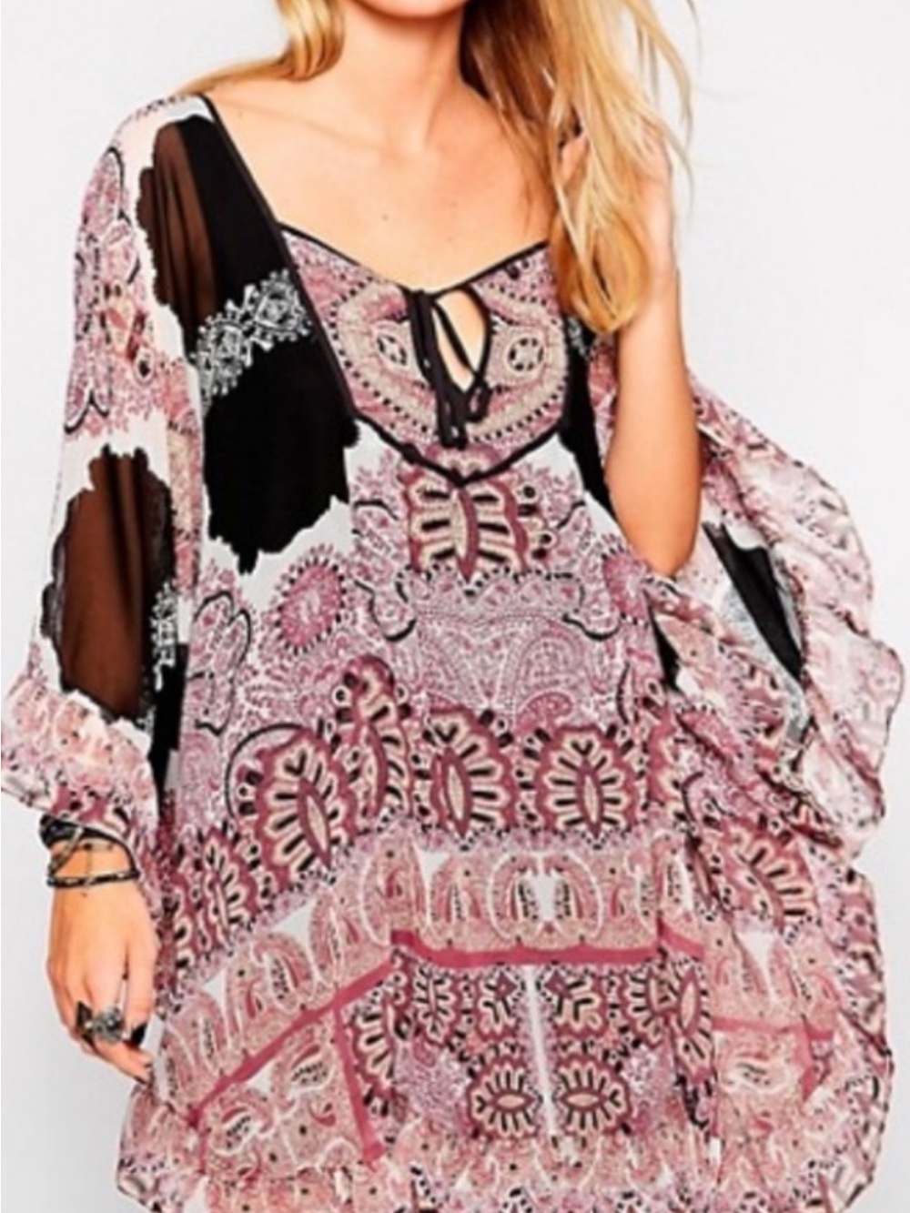 Free People Pink Paisley Tiered Dress with Black Accents